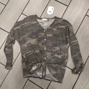 ALLTARD STATE Camo Waffle Knit Button Front Tie Waist Long Sleeve Top Womens‎ M